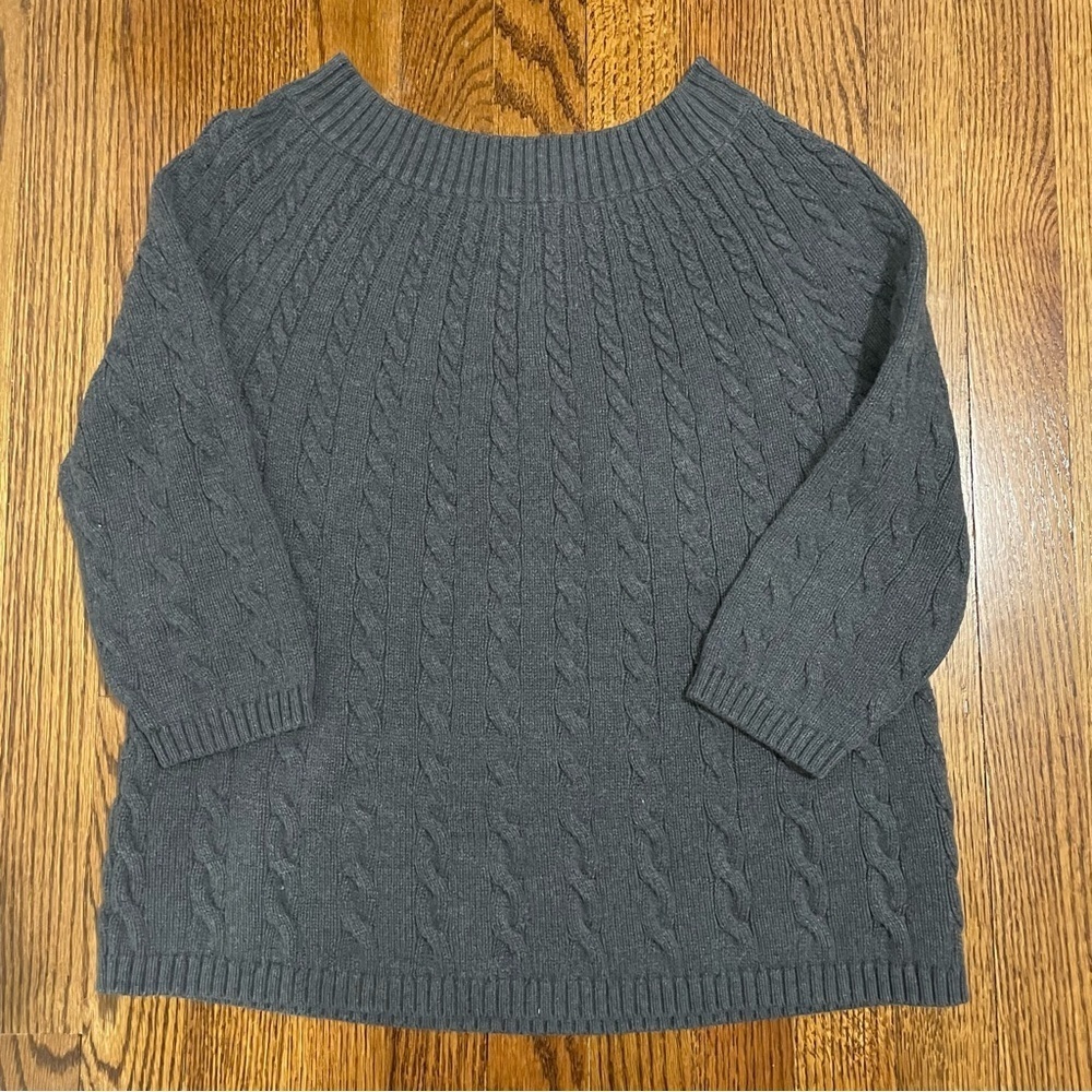 Talbots Petites Cable Knit Gray Sweater 3/4 Sleeve, Bell Waist Hem, Size Small